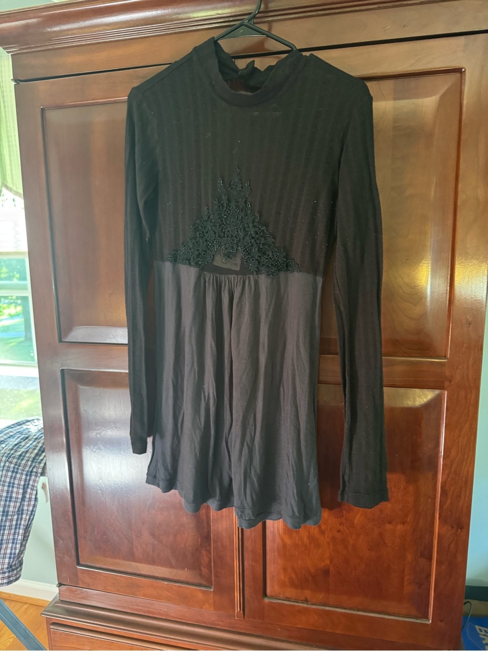 Free People Black Long-Sleeve Mini Dress with Lace Appliqué